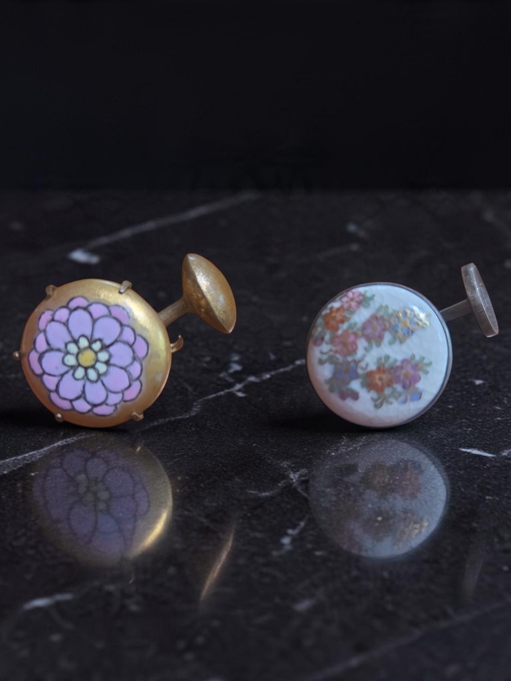 Antique Meiji Satsuma Pure Silver Cufflink Enamel with Mismatched Metal Cufflink